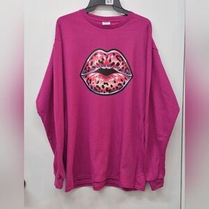 🪻3/$25 Fuchsia Hot Pink Magneta Leopard Lips Custom Crewneck Sweatshirt- Large